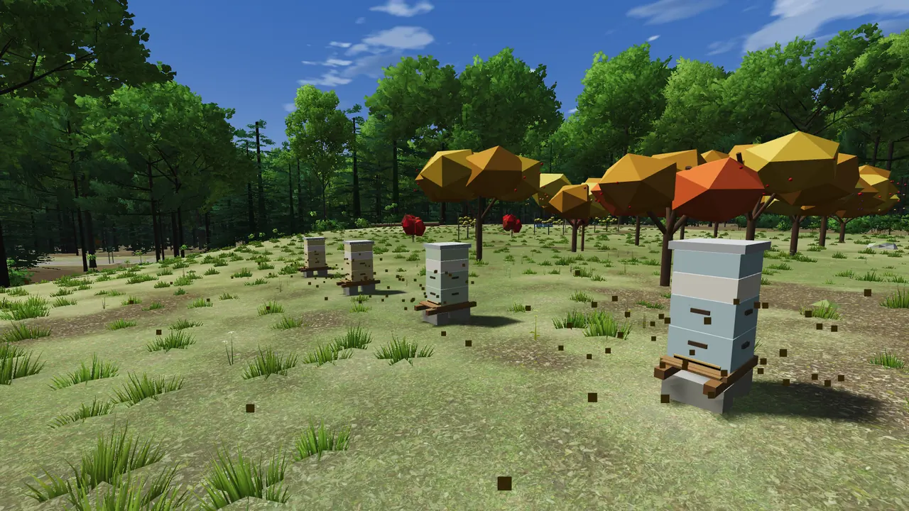 Four painted beehives with bees flying, beside apple trees in autumn color