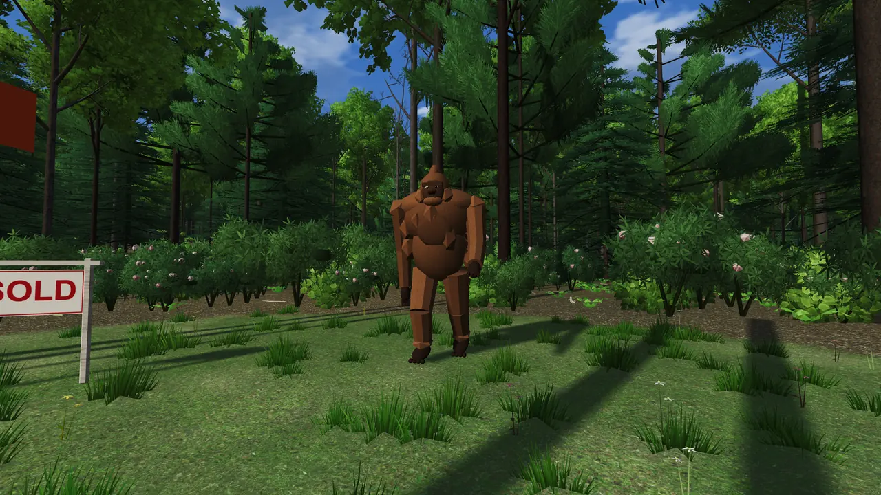 Bigfoot standing in the homesite clearing next to the SOLD sign