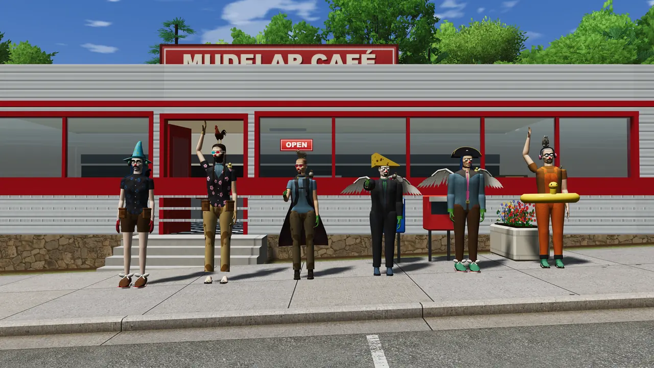 Six homesteaders made with the Total chaos button waving outside the diner, in wizard, rooster and pirate hats, wings, a duck floatie, googly eyes and clown noses