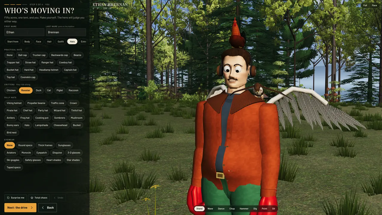 The character creator's Hats tab: a homesteader with a rooster on their head, headphones, wings and a hawk on the shoulder