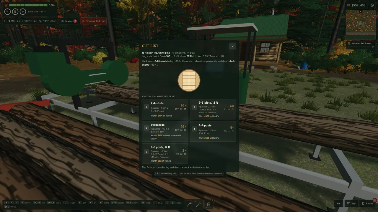 The sawmill cut list over a pine log: studs, 2×6s, boards and posts, with the log scale