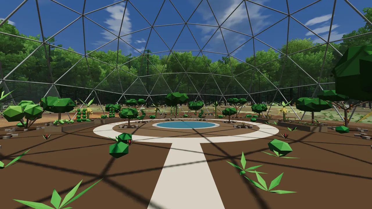 Inside the 115-foot geodesic dome: a path to a round pond among citrus, cacao, banana and avocado trees