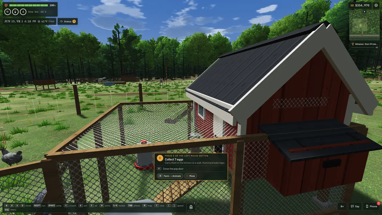 First person at the nest box with the prompt to collect seven eggs, and a warning that running breaks eggs