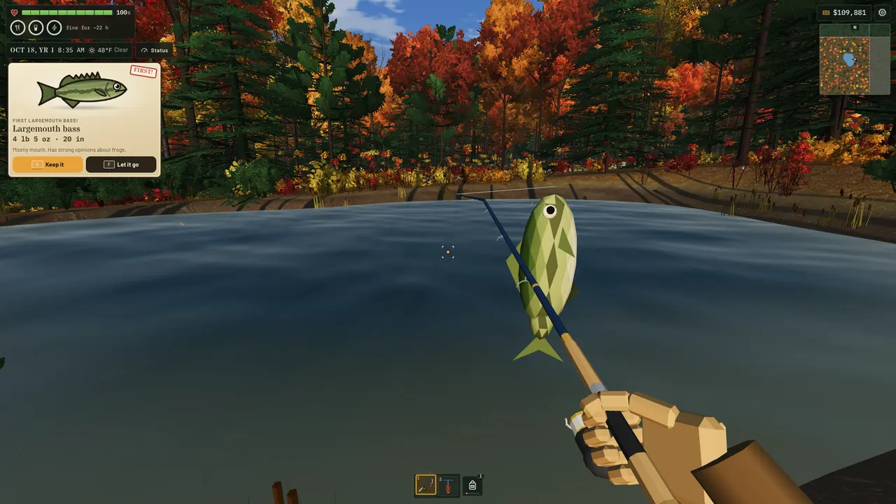 A 4 lb 5 oz largemouth bass on the line with its catch card