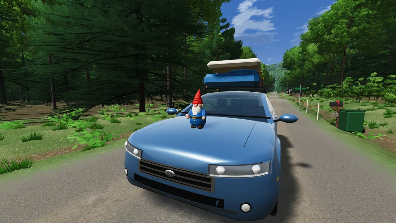 The wandering garden gnome sitting on the hood of the player's car