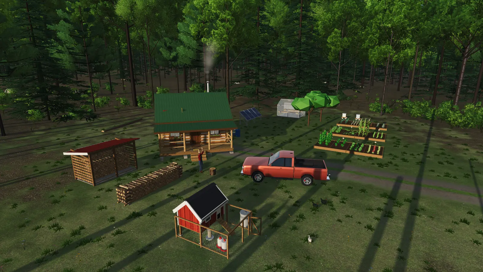 The whole homestead at golden hour: log cabin, woodshed, coop, garden, greenhouse, solar panels and a red pickup