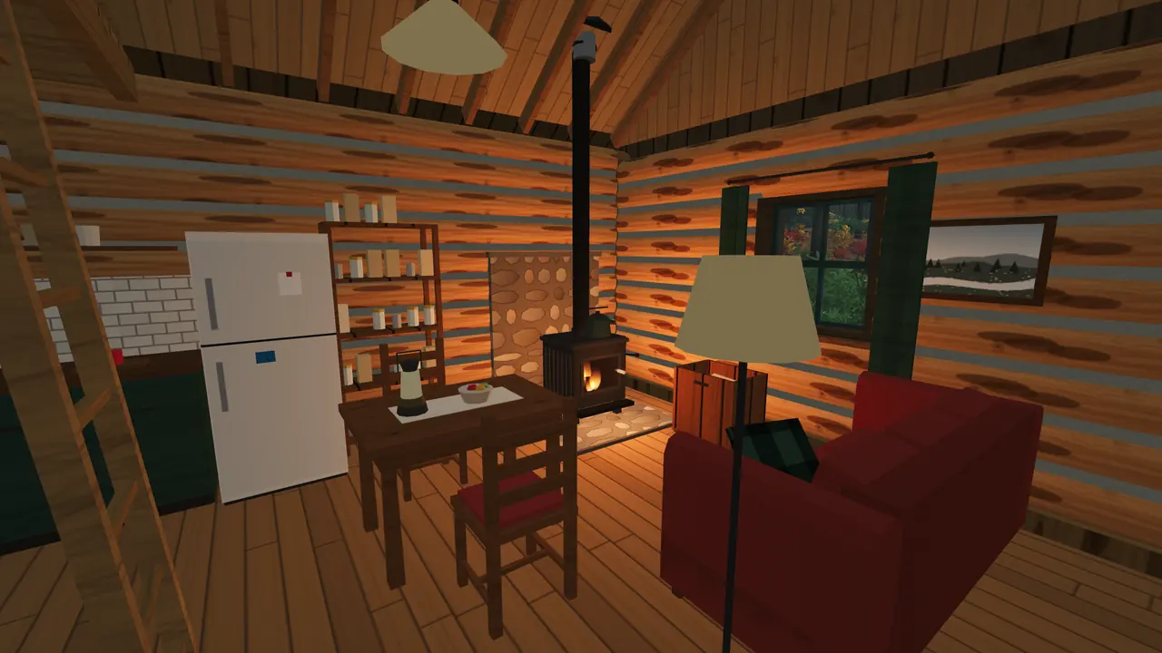 A cabin interior in daytime: kitchen, table, red couch and the woodstove burning, with a window onto fall trees
