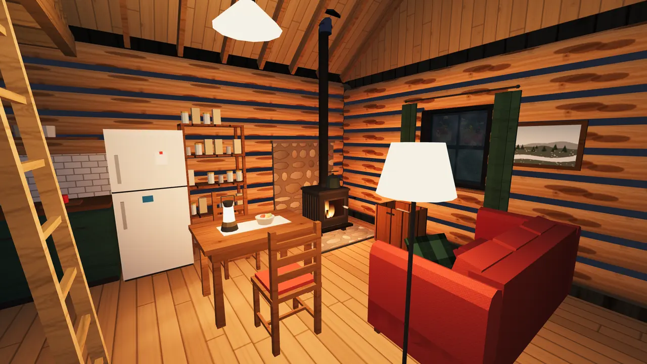 A log cabin interior at night: warm lamps on, a red couch, and the woodstove glowing