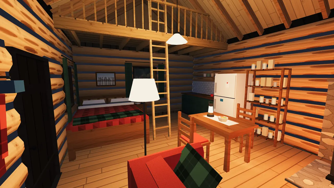 The cabin at night: a plaid bed, loft ladder, fridge and pantry shelves