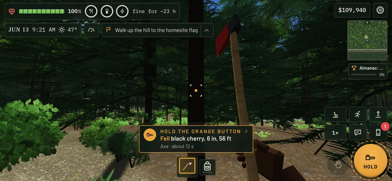 Fifty Acres on a phone in landscape: felling a tree with an axe, with the big orange Hold button and touch controls
