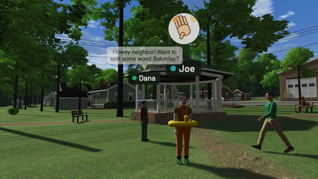 Two neighbors on the town green with name tags, a chat bubble and a wave