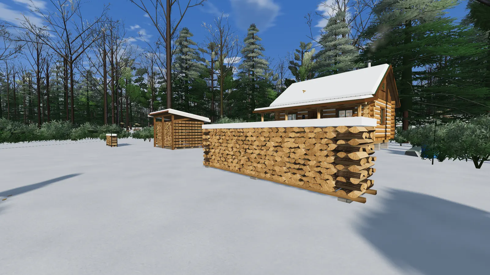 A snow-covered firewood rick and woodshed in front of the cabin in winter