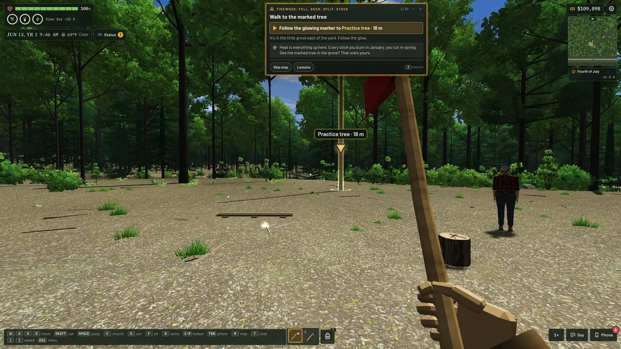 Walt's training ground: a firewood lesson with a glowing marker over the practice tree and the step card on screen