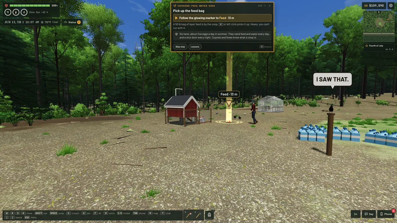 The chickens lesson: a gold light column over the feed, the coop and hens, and a crow saying "CAW."