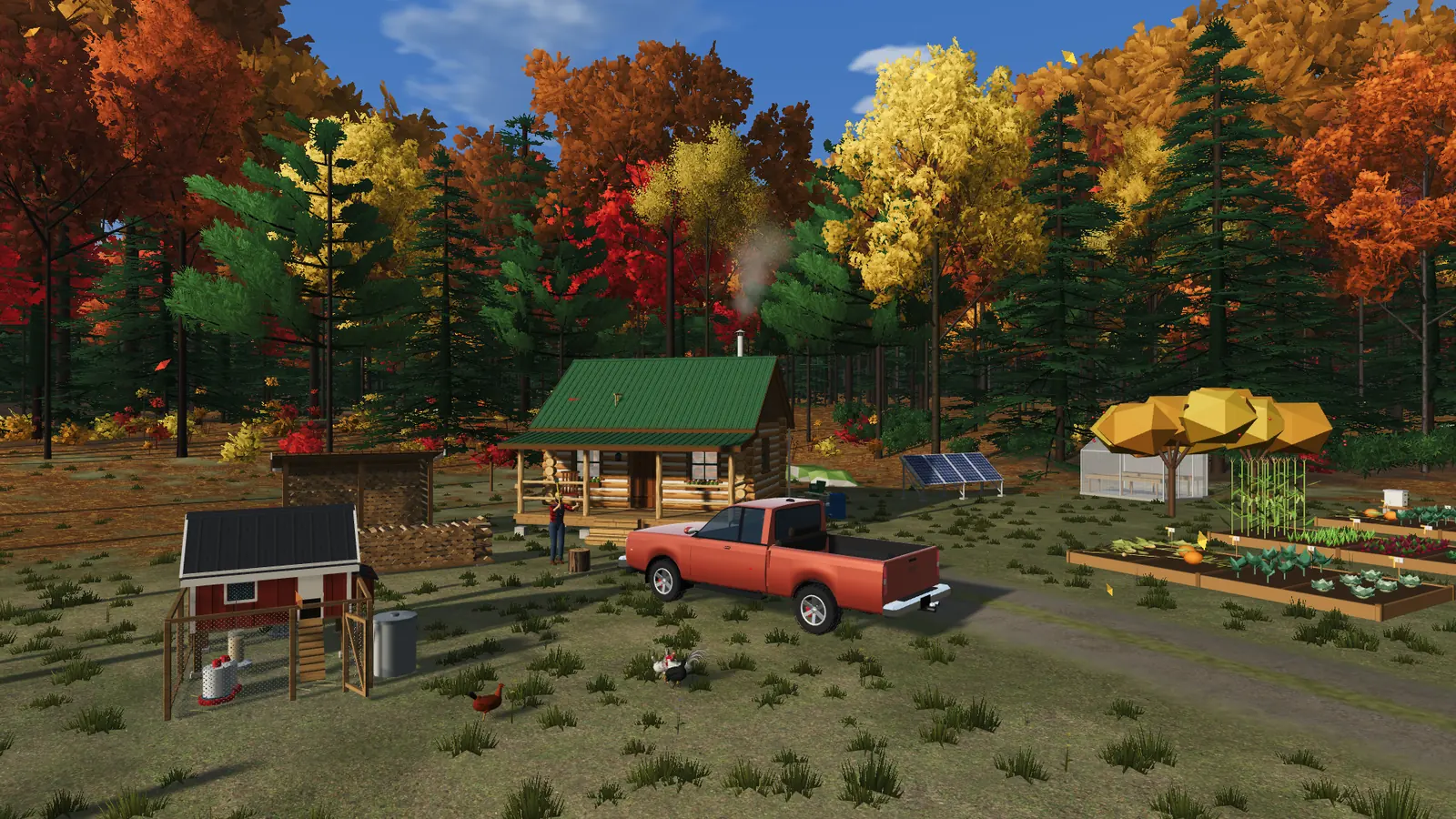 The homestead in fall, with red, orange and gold leaves