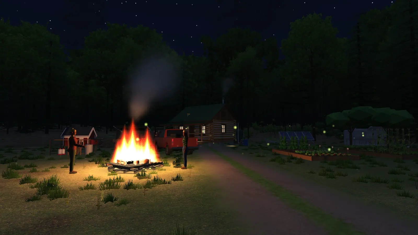 The homestead at night, lit by firelight and stars