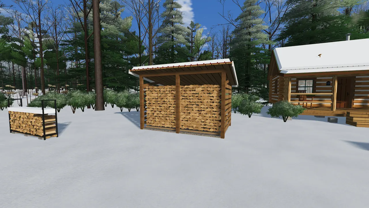 A snow-roofed woodshed full of splits beside the cabin in winter sun
