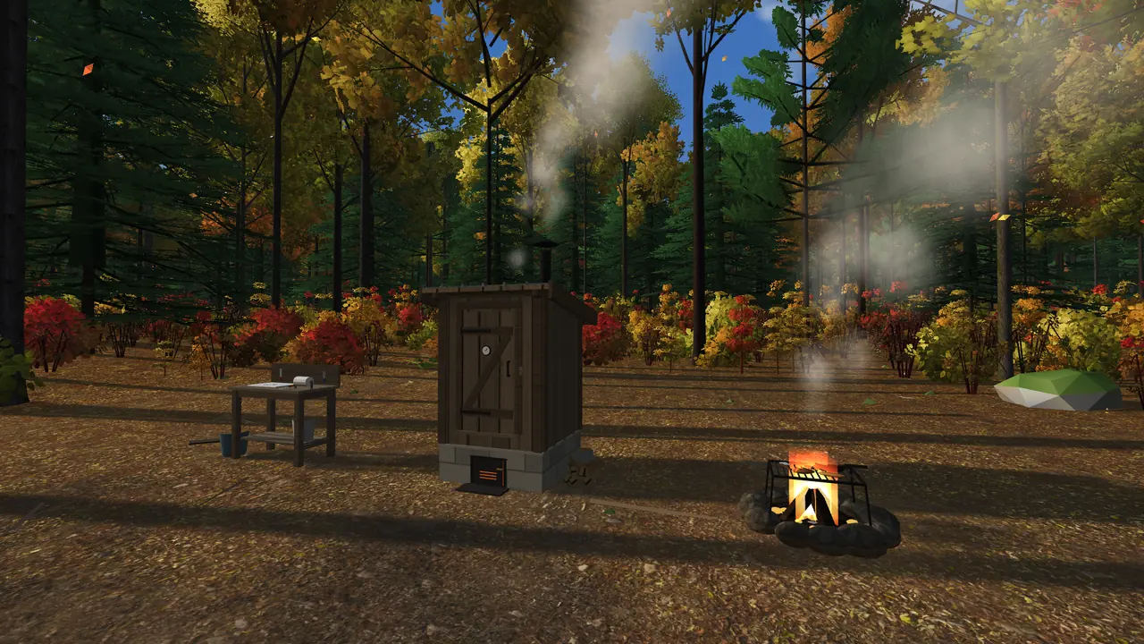 A wooden smokehouse with smoke rising, a fish-cleaning table, and a campfire grill with meat on the grate