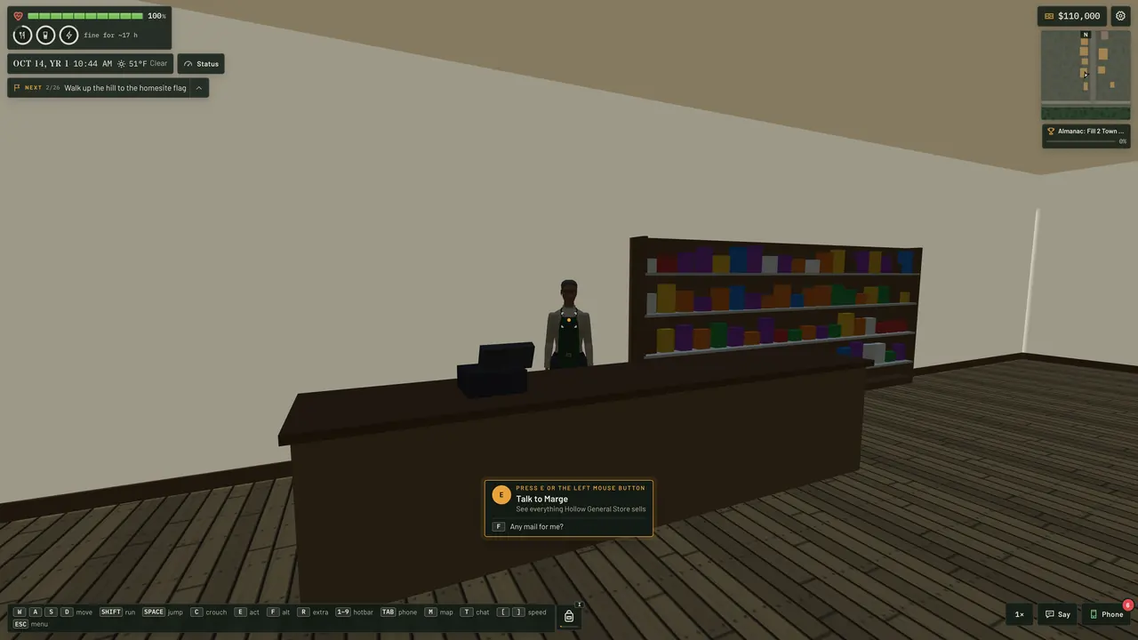 Inside the Hollow General Store: Marge behind the counter, the register and stocked shelves