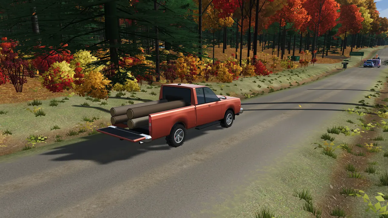 The pickup parked on the county road with its tailgate down and four sawlogs in the bed